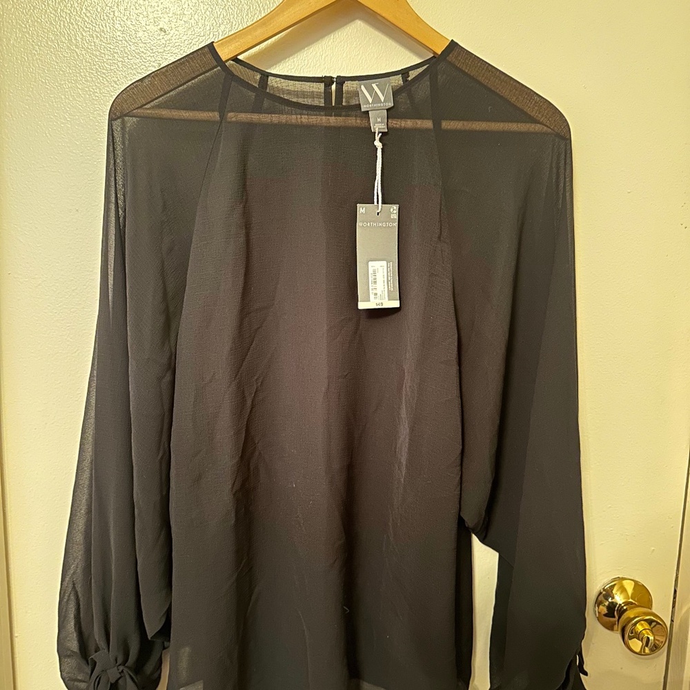 Transparent black blouse with floral knot full sleeves